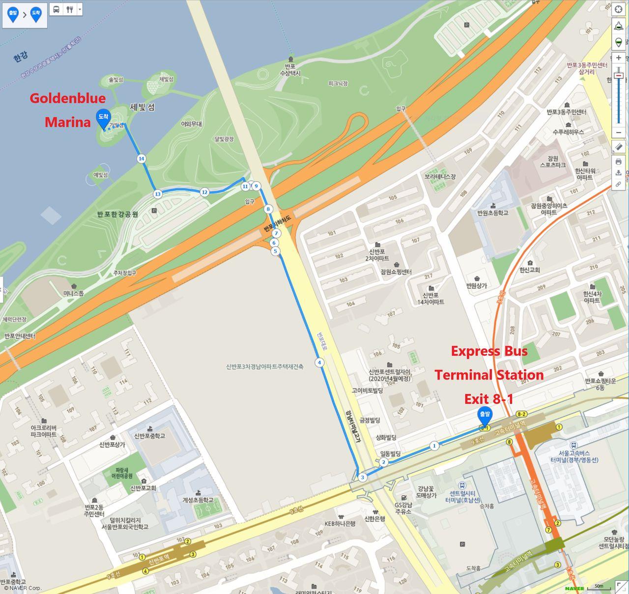 Grande mappa illustrativa mostrando il percorso dalla stazione terminal degli autobus di Seoul Express alla Goldenblue Marina lungo il fiume Han.